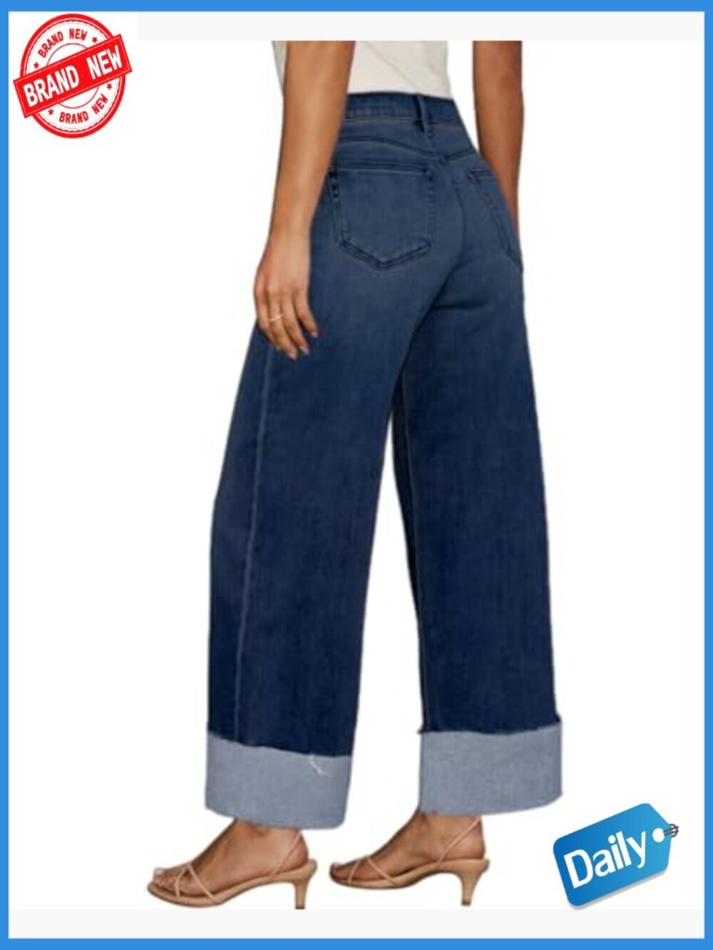 High Waisted Wide Leg Stretch Frayed Hem Boyfriend Jeans - Picture 4 of 5